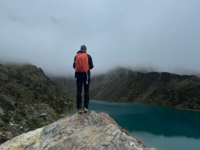 A hiker has reached an overlook